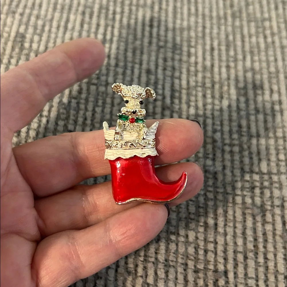 Christmas Stocking Brooch with Dog Christmas pin poodle holiday pin red silver